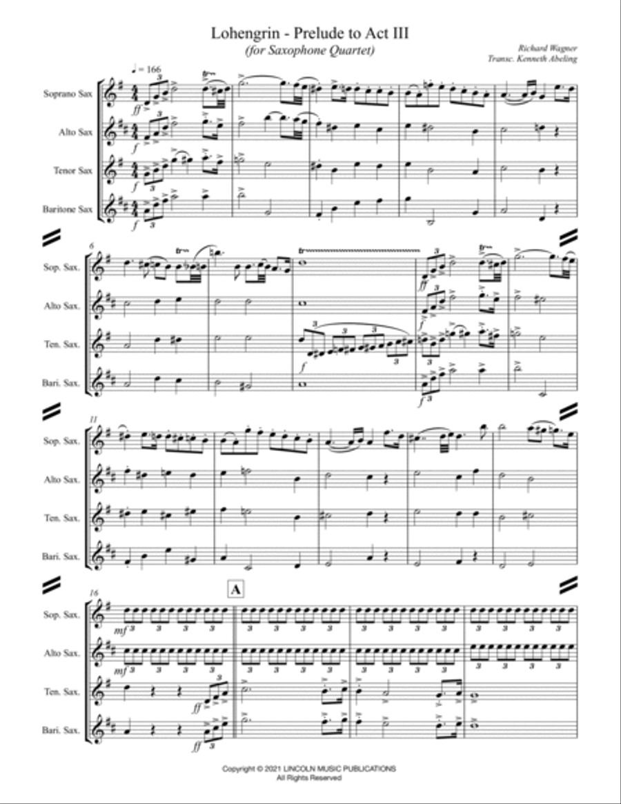 Lohengrin – Prelude to Act III (for Saxophone Quartet SATB) Saxophone Quartet scores gallery preview page 2