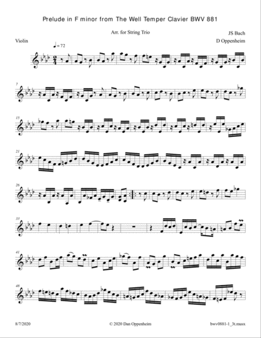 Bach: Prelude in F Minor from The Well Tempered Clavier (BWV 881) arr. for String trio String Trio scores gallery preview page 4