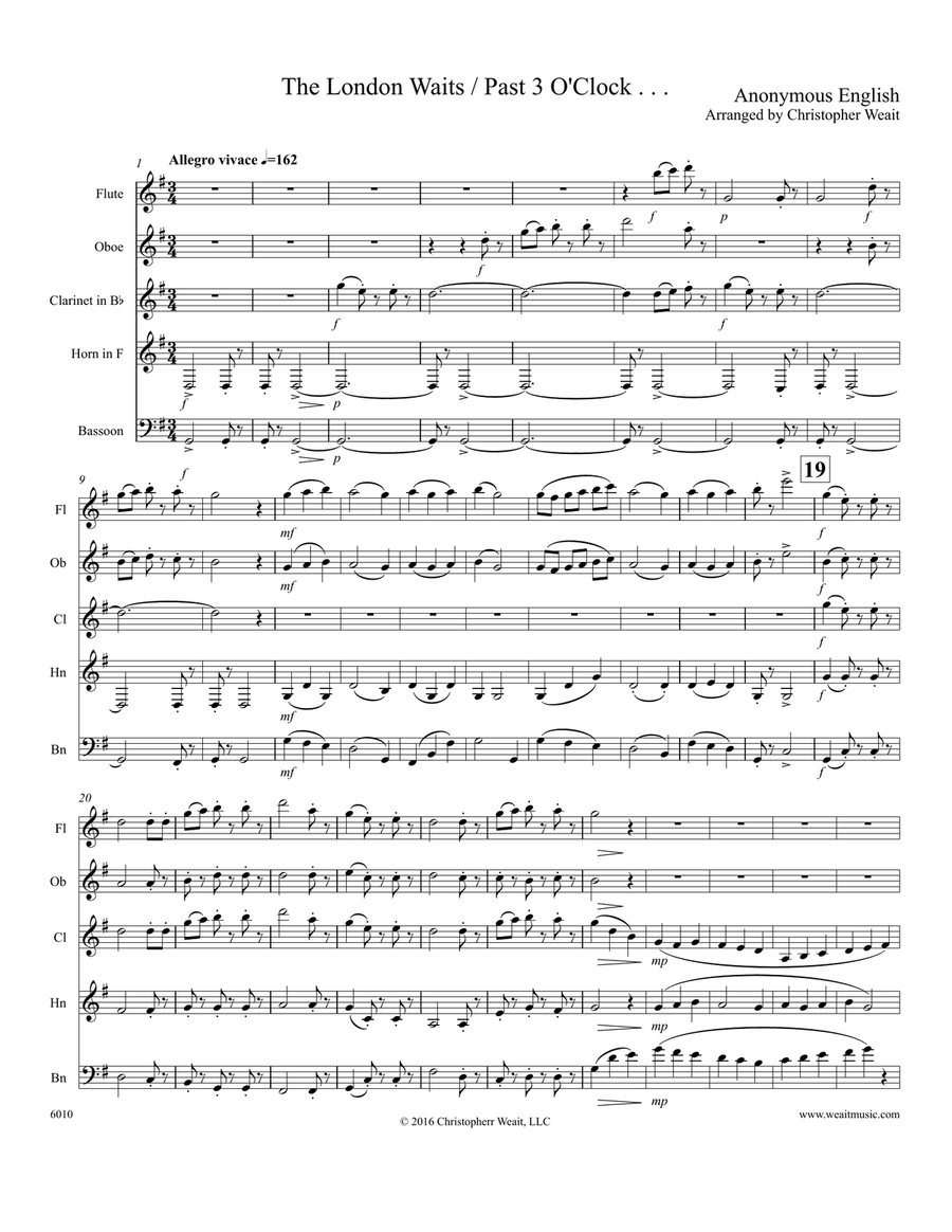 London Waits (Past 3 O'Clock . . . .) for woodwind quintet (1’45) Woodwind Quintet scores gallery preview page 1