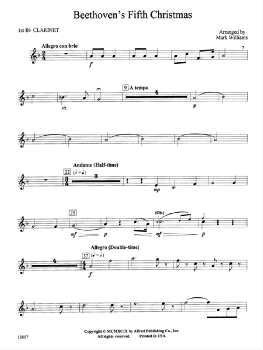 Beethoven's Fifth Christmas: 1st B-flat Clarinet Concert Band scores gallery preview page 1