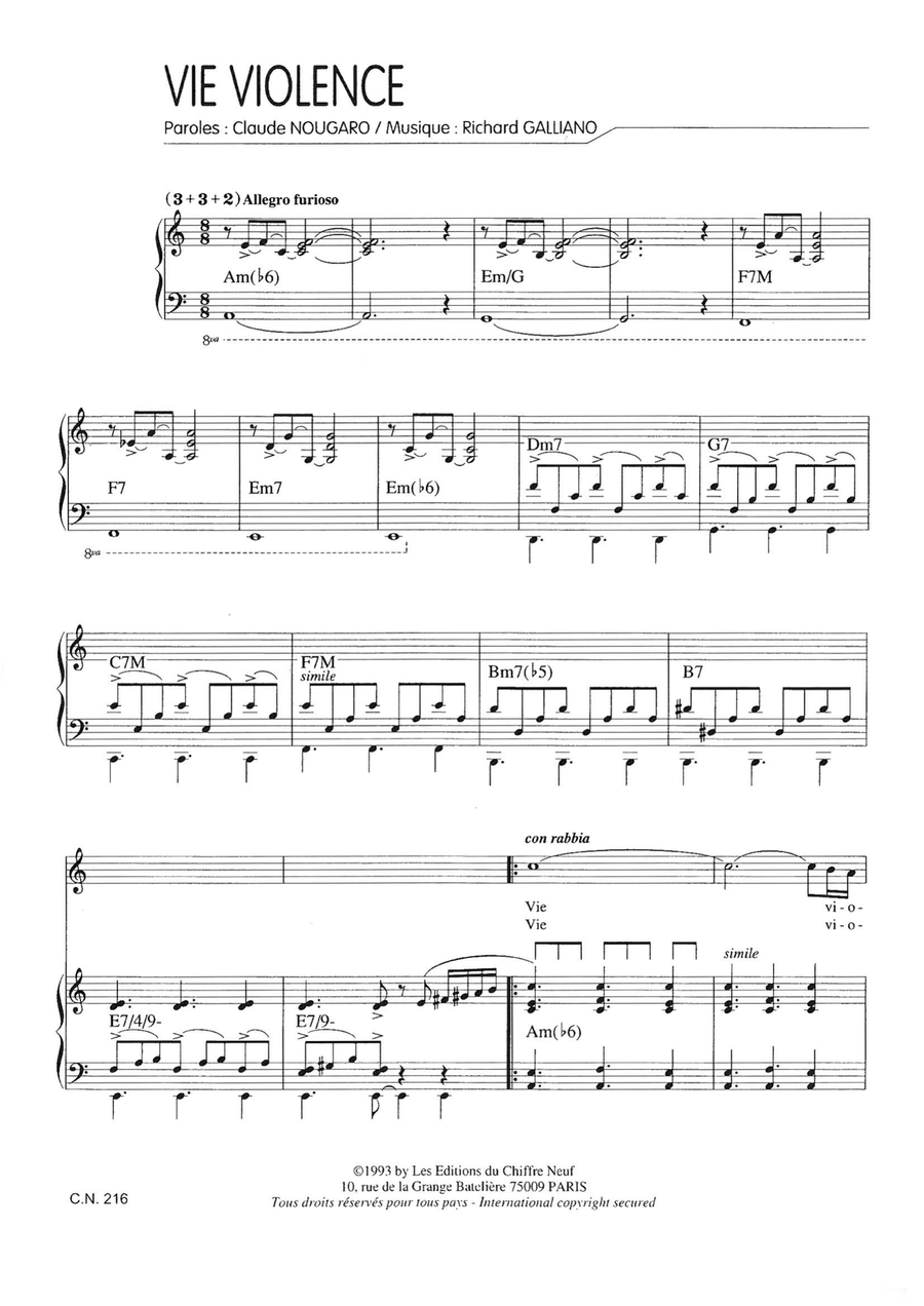 Vie Violence Vie Violence Piano, Vocal scores gallery preview page 1
