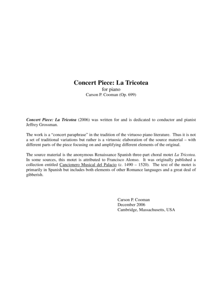 Carson Cooman: Concert Piece: La Tricotea (2006) for piano