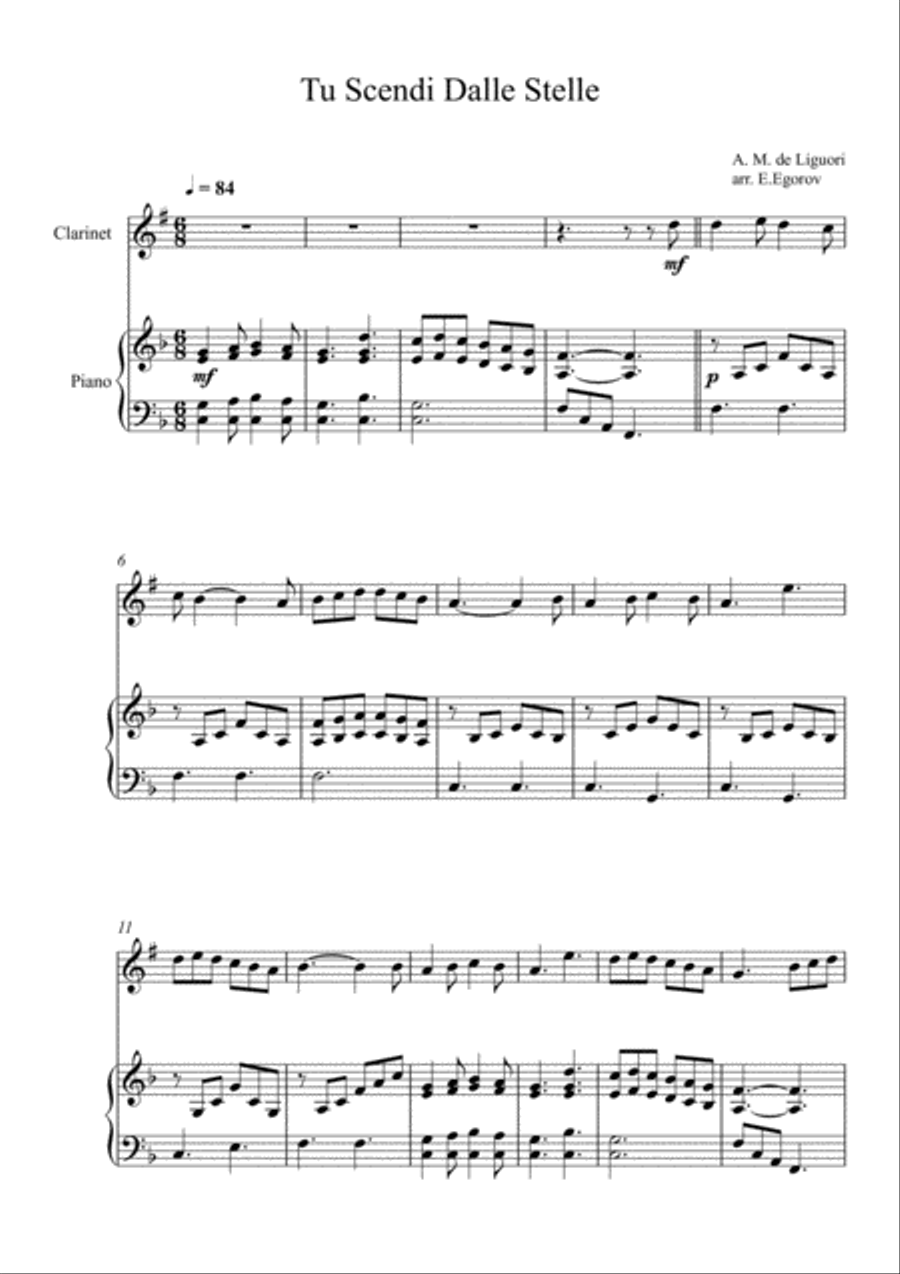 Tu Scendi Dalle Stelle, Alfons Maria de Liguori, For Clarinet & Piano Clarinet Solo scores gallery preview page 1