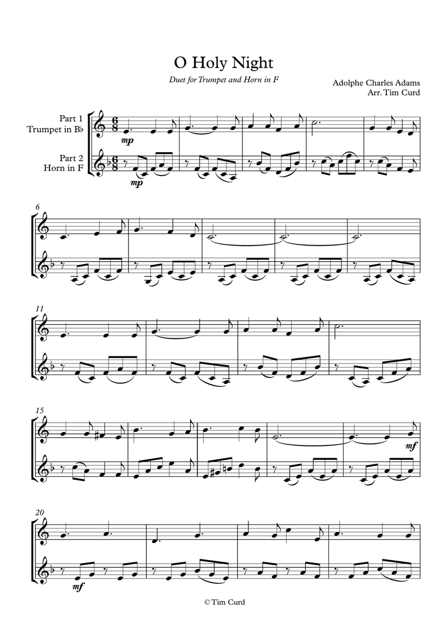 O Holy Night. Duet for Trumpet in Bb and Horn in F Brass Duet scores gallery preview page 1