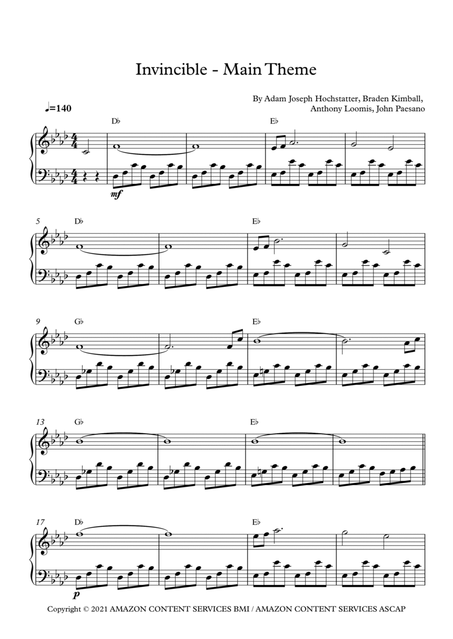Invincible - Main Title Theme Easy Piano scores gallery preview page 1