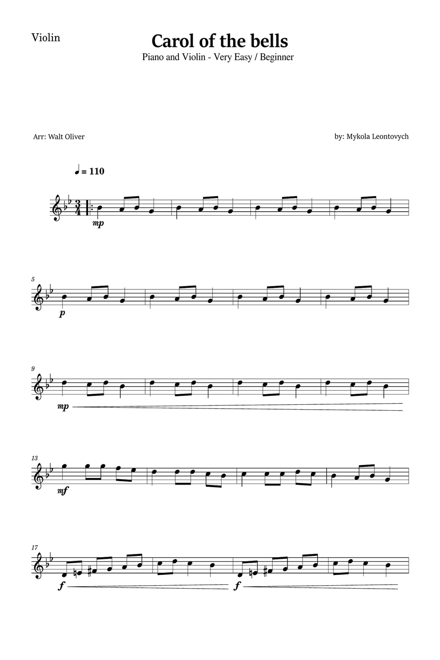 Carol of The Bells for Violin and Piano (Very Easy - Beginner) in G minor Violin Solo scores gallery preview page 4