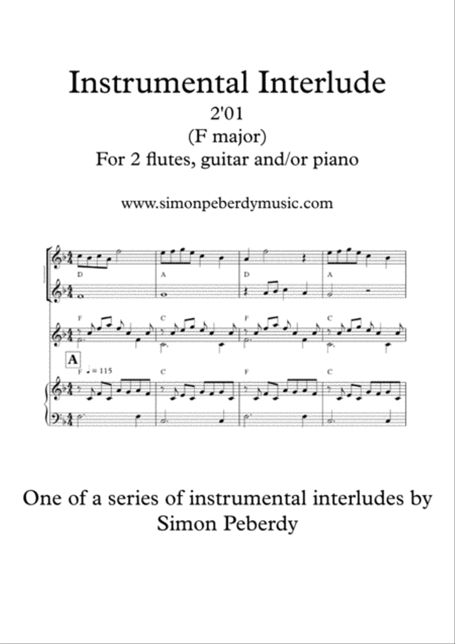 Melodious Instrumental Interlude 2'01 in F for 2 flutes, guitar and/or piano by Simon Peberdy