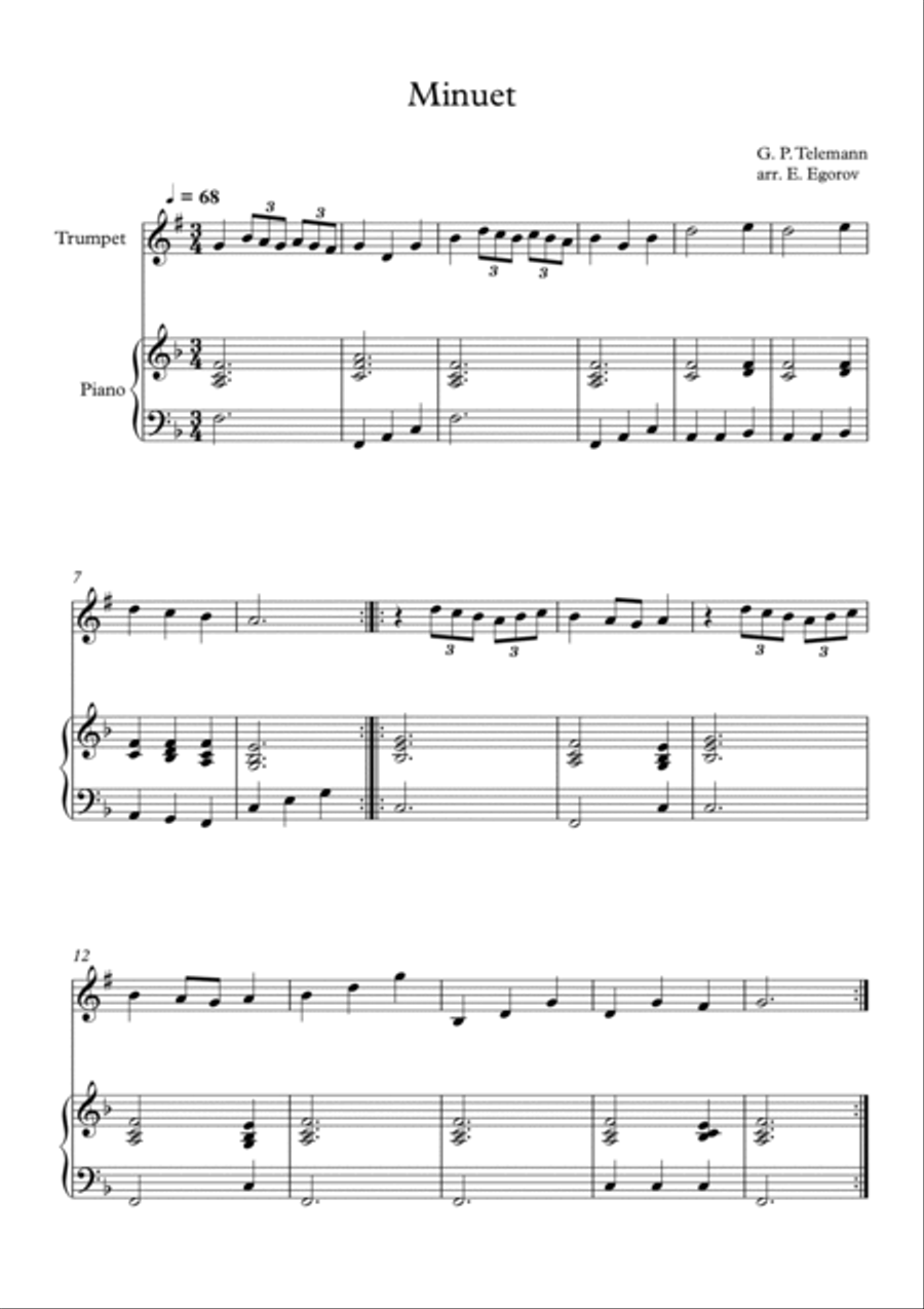 Minuet, Georg Philipp Telemann, For Trumpet & Piano Trumpet Solo scores gallery preview page 1