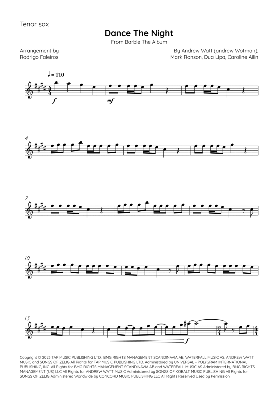 Dance The Night Tenor Saxophone scores gallery preview page 1