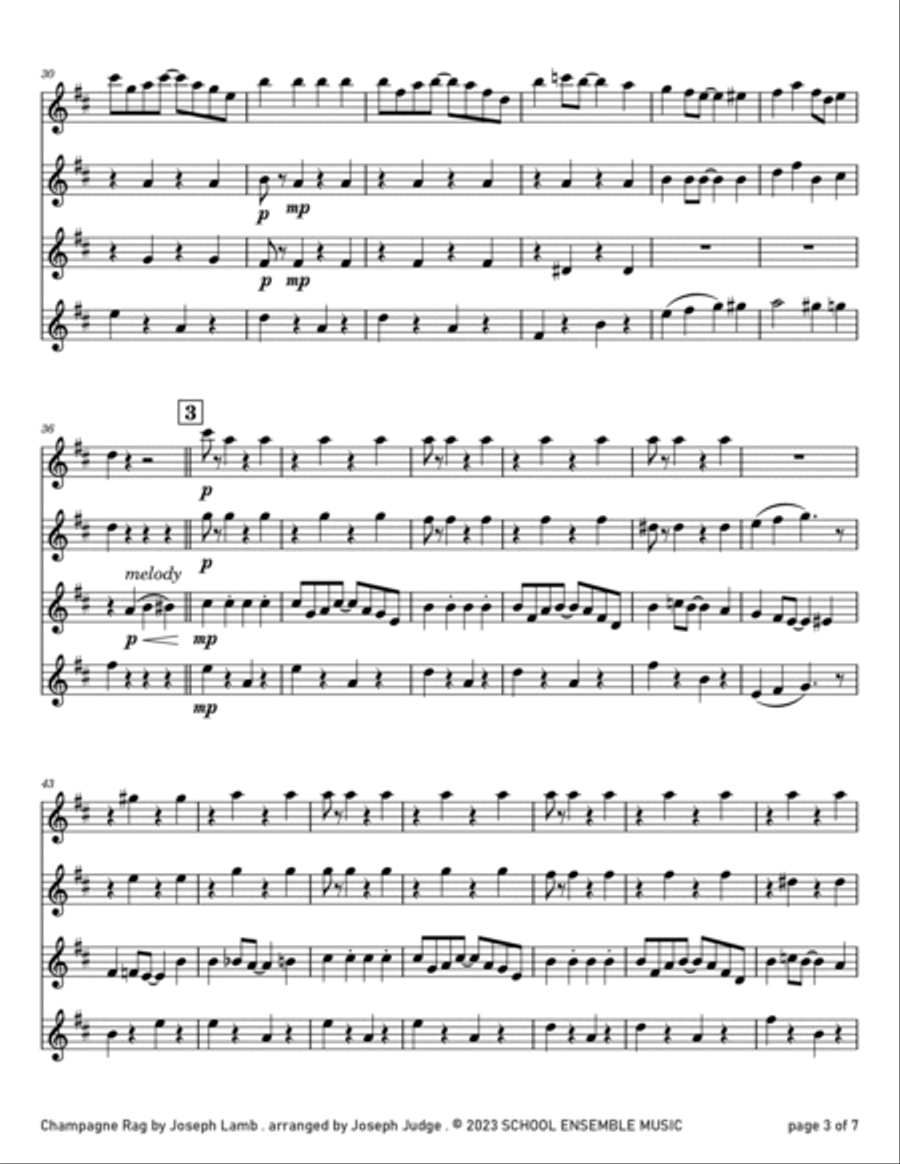 Champagne Rag by Joseph Lamb for Clarinet Quartet in Schools Clarinet Quartet scores gallery preview page 3