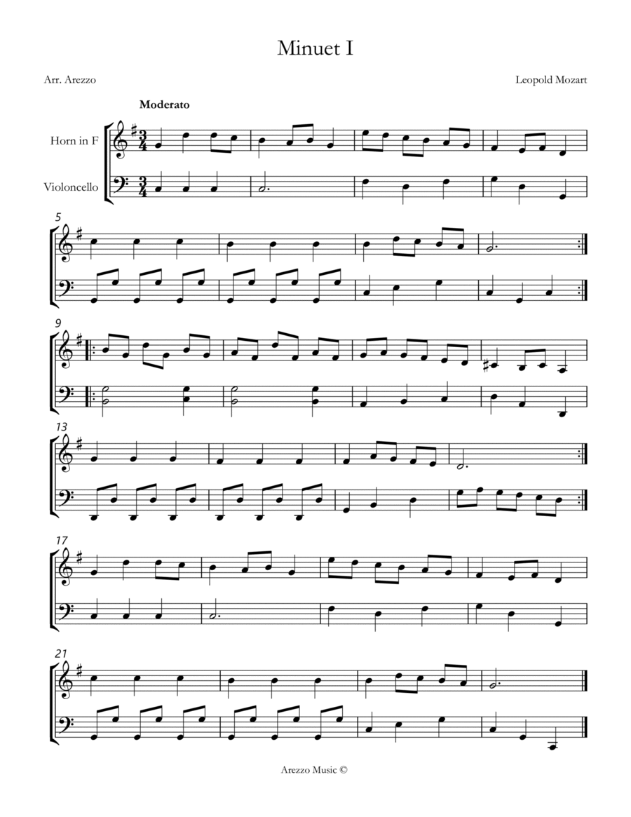leopold mozart notebook for wolfgang minuet I French Horn and Cello sheet music Chamber Music scores gallery preview page 1