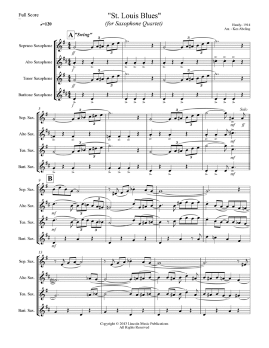 St. Louis Blues (for Saxophone Quartet SATB or AATB) Saxophone Quartet scores gallery preview page 2