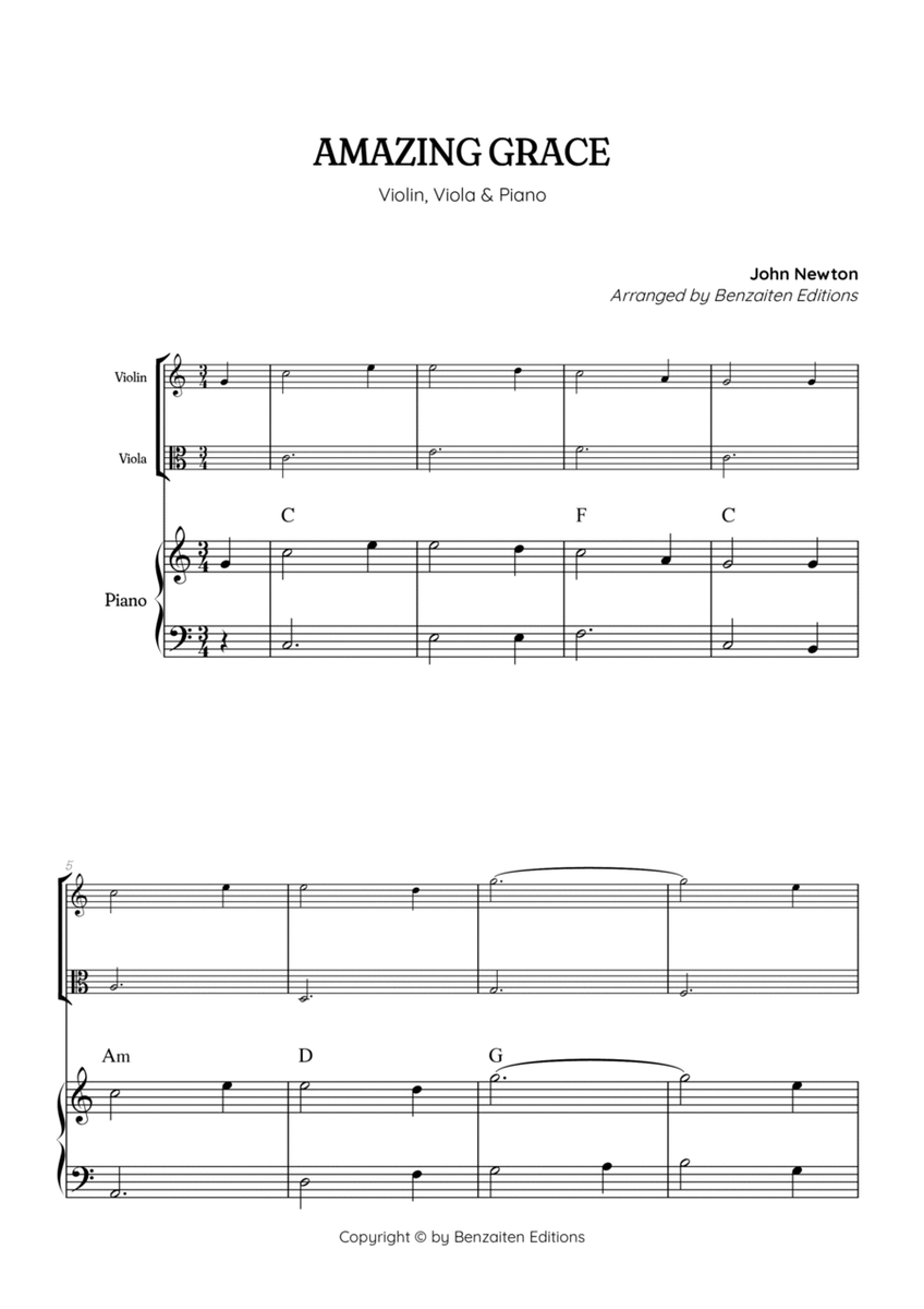 Amazing Grace • super easy violin and viola sheet music with piano accompaniment (and chords) image number null