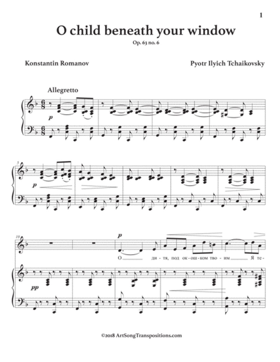 TCHAIKOVSKY: О дитя, под окошком твоим, Op. 63 no. 6 (transposed to F major)