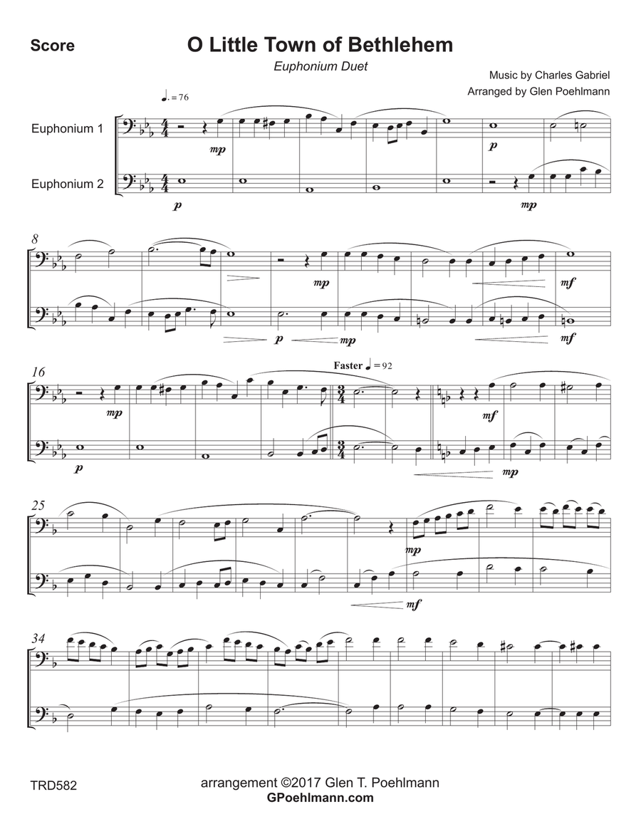 O LITTLE TOWN OF BETHLEHEM - EUPHONIUM/TROMBONE DUET (unaccompanied) Brass Duet scores gallery preview page 1