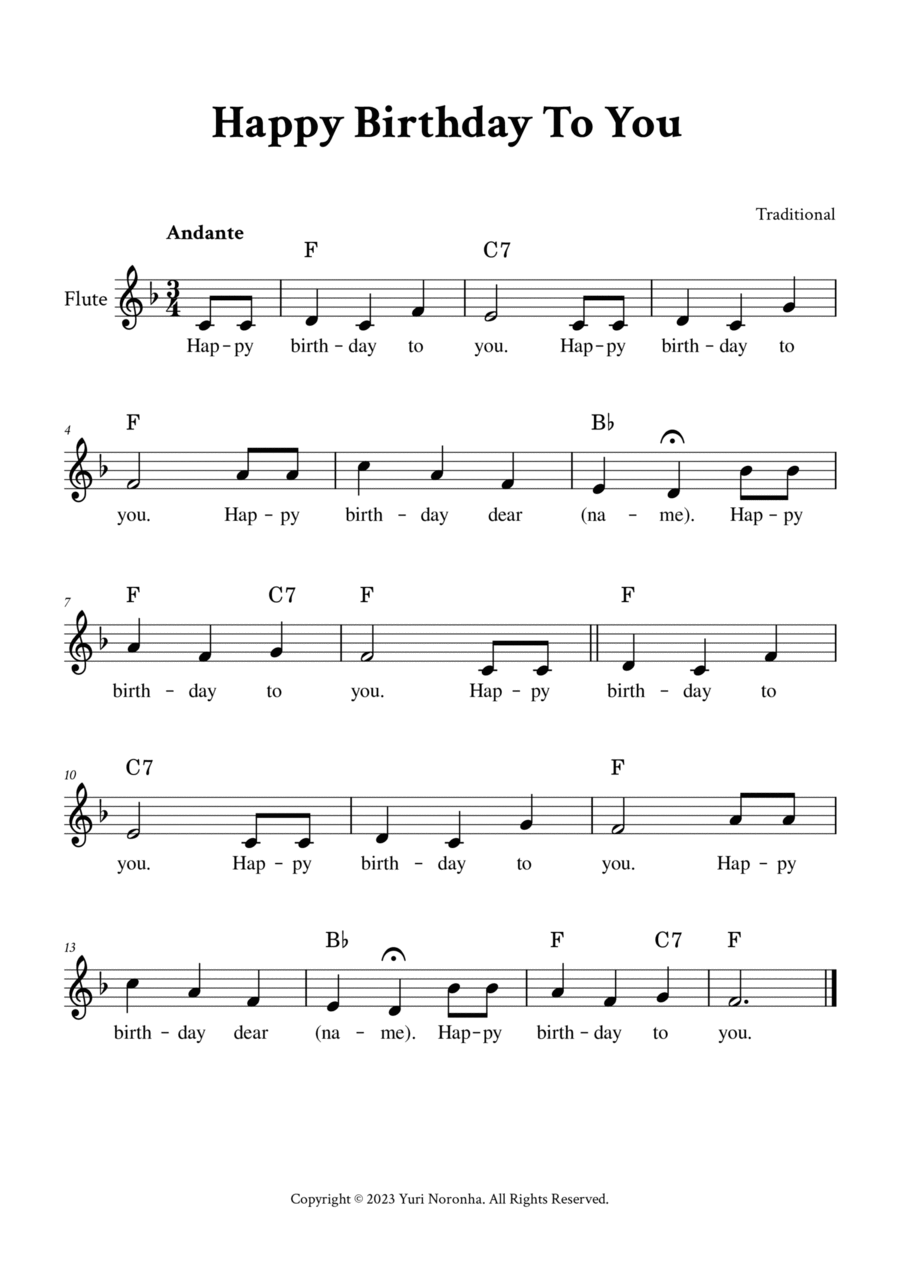 Happy Birthday To You - For Flute (F Major - with Chords and Lyrics) Flute Solo scores gallery preview page 1