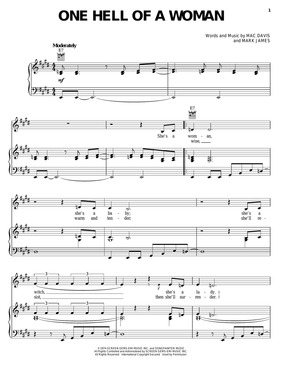One Hell Of A Woman One Hell Of A Woman Piano, Vocal, Guitar scores gallery preview page 1