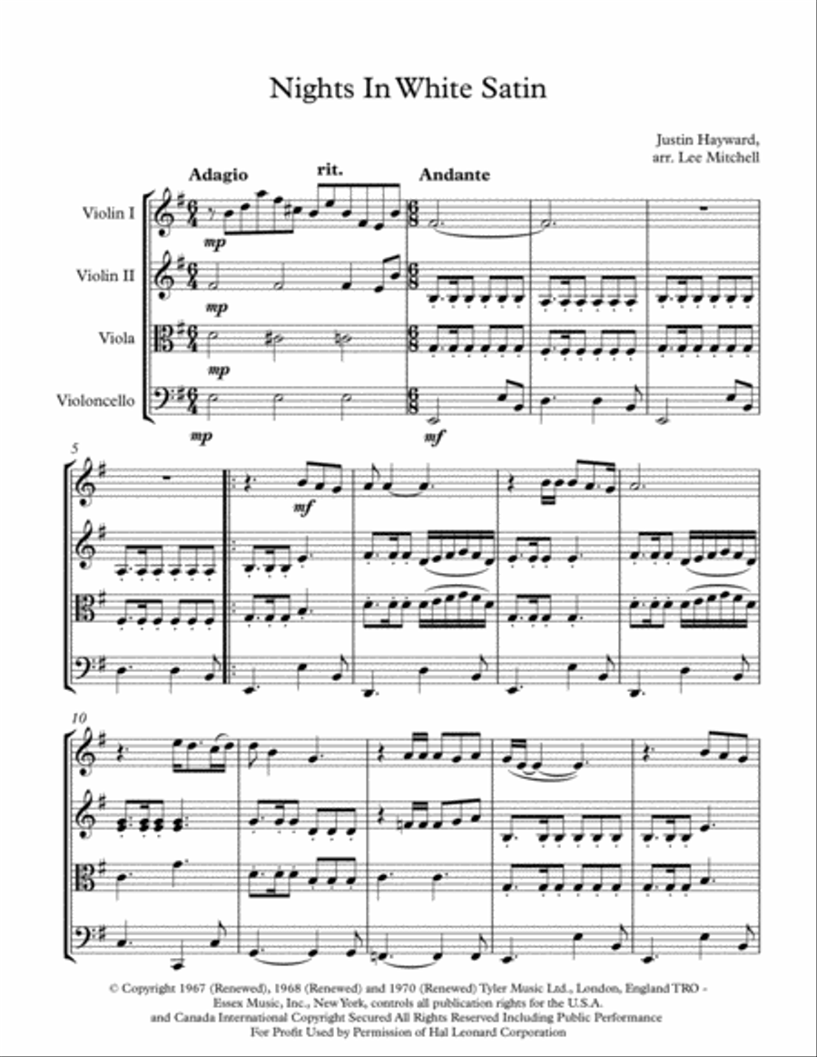 Nights In White Satin Nights In White Satin String Quartet scores gallery preview page 1