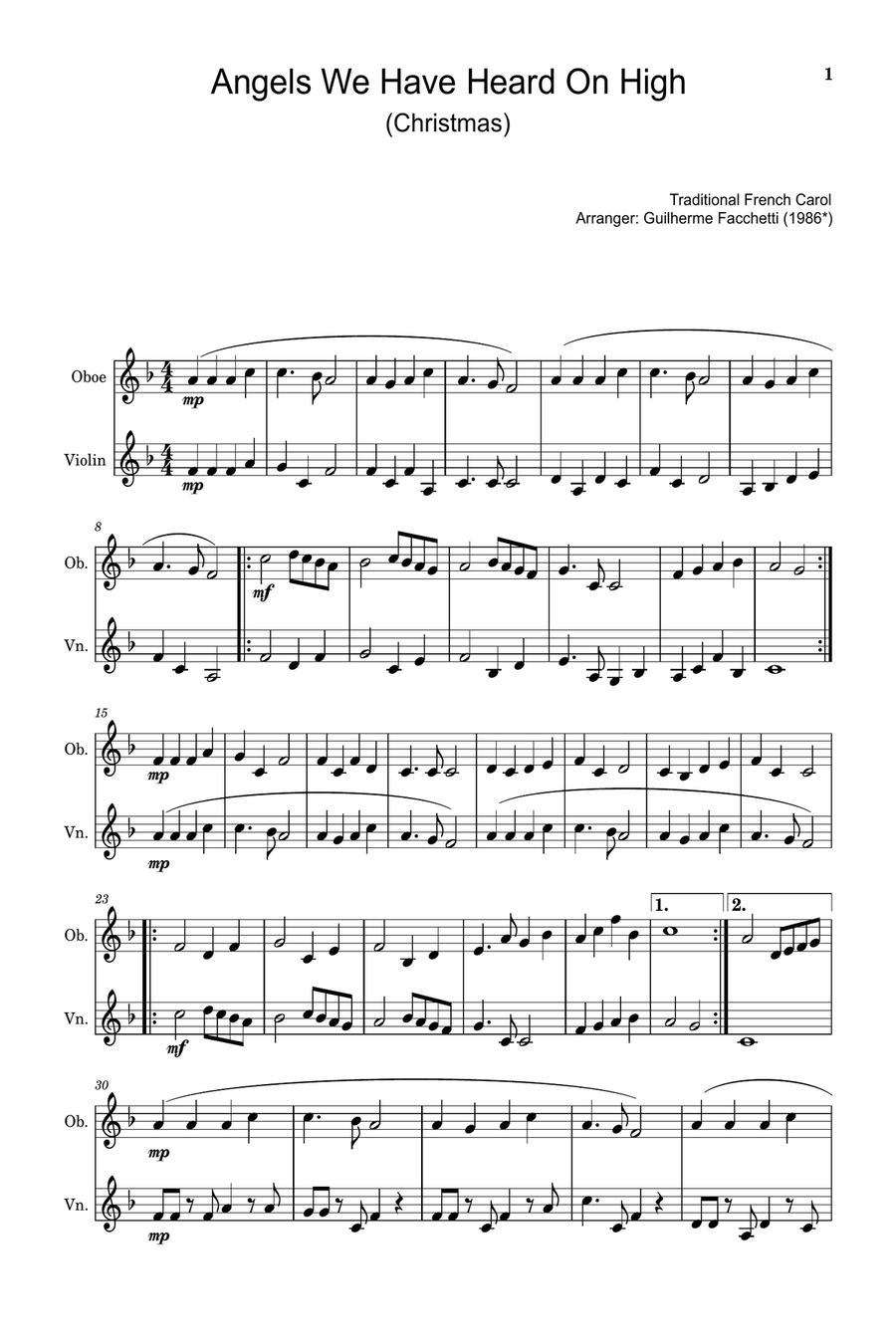 Angels We Have Heard On High - Arranged for Oboe and Violin. Chamber Music scores gallery preview page 1