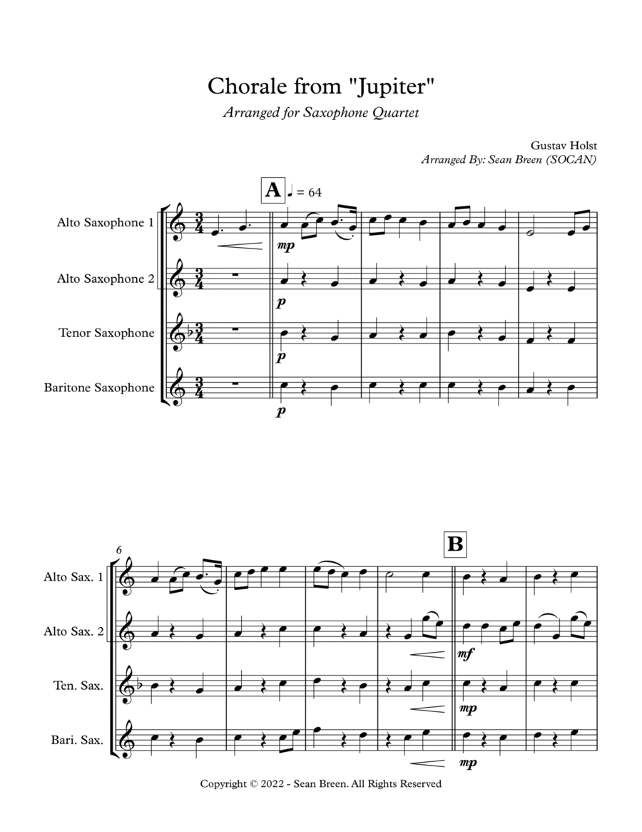 Chorale from "Jupiter" - Saxophone Quartet image number null