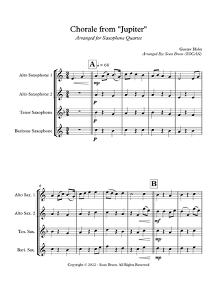 Book cover for Chorale from "Jupiter" - Saxophone Quartet