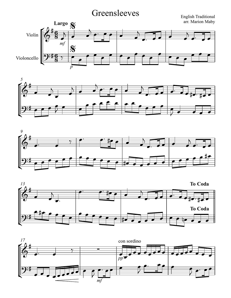 Greensleeves, for violin & cello duet String Duet scores gallery preview page 1