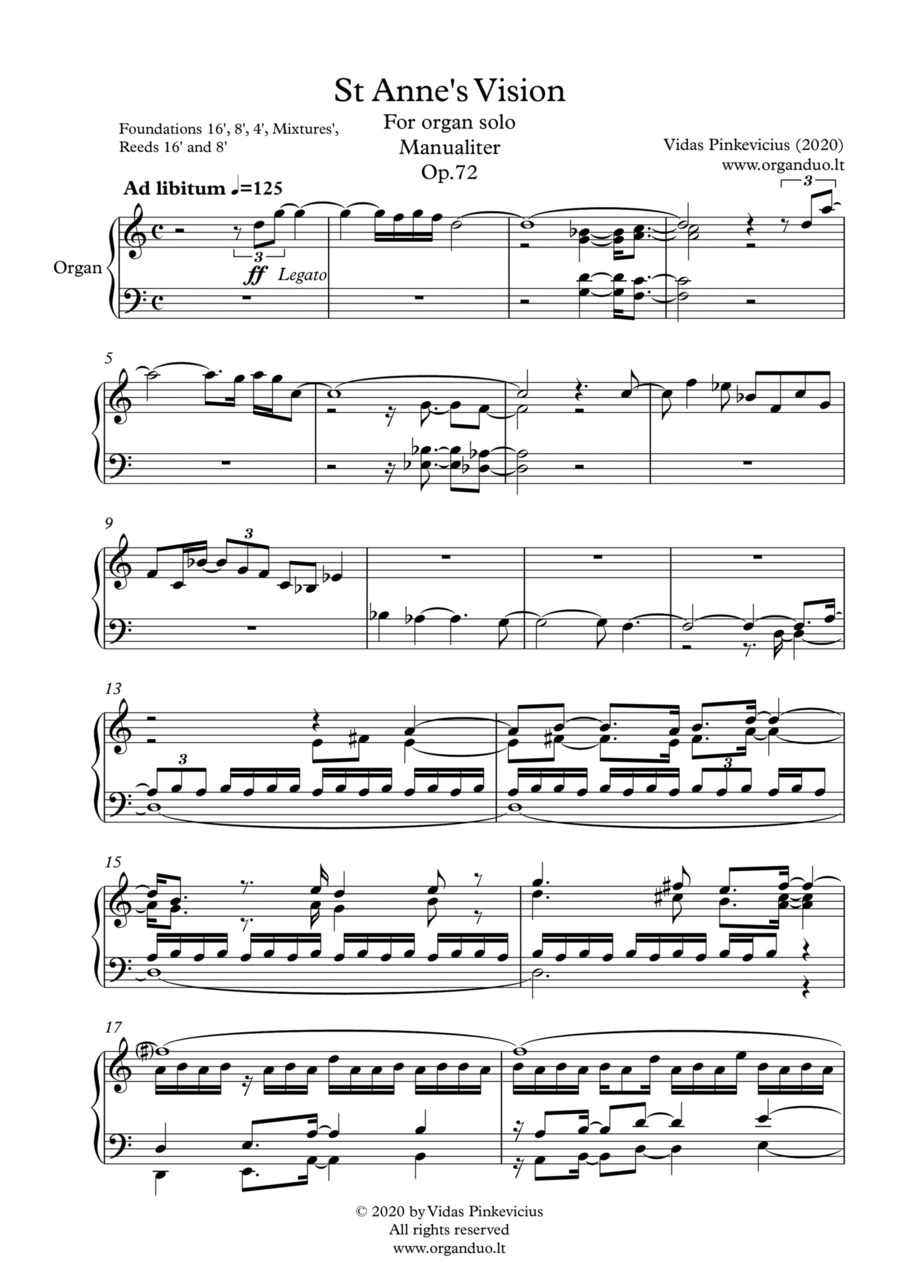 St Anne's Vision, Op. 72 (2020) for organ by Vidas Pinkevicius Organ Solo scores gallery preview page 1