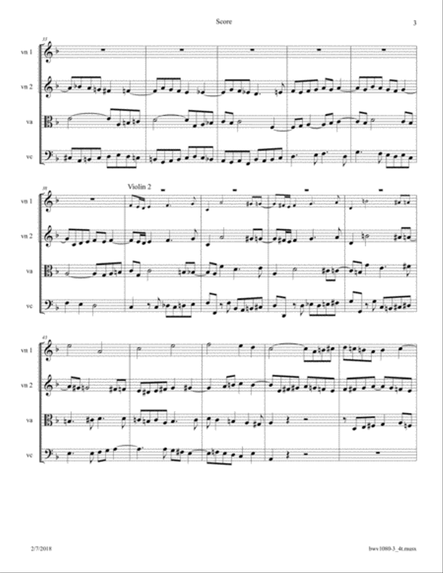 Bach: The Art of Fugue (BWV 1080), No. 3; arr. for String Quartet String Quartet scores gallery preview page 3