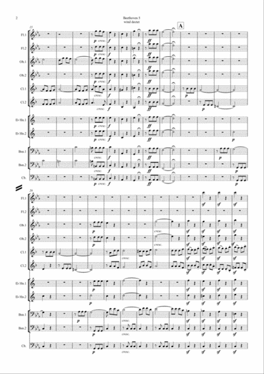 Beethoven: Symphony No.5 Op.67 Mvt.I - wind dectet (and opt. double bass) Double Bass scores gallery preview page 2