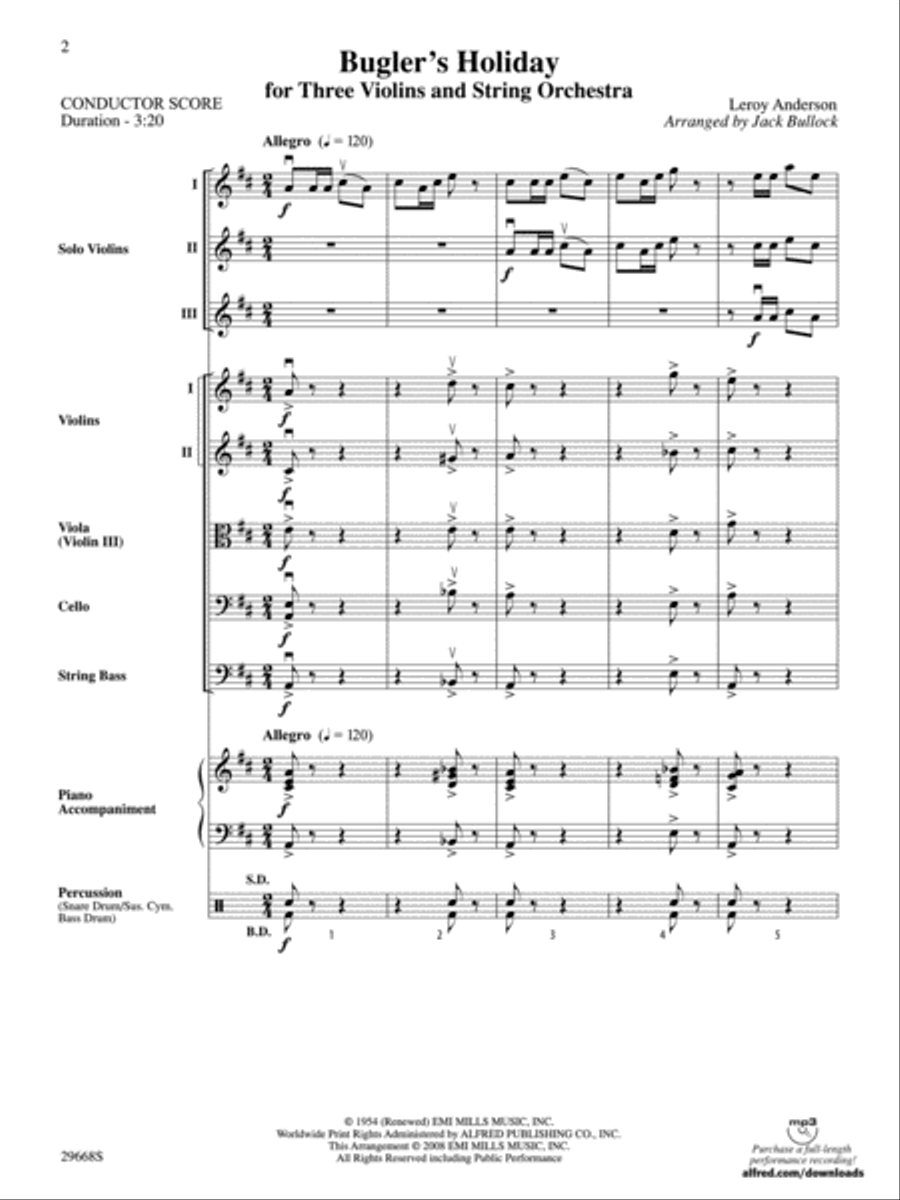 Bugler's Holiday for Three Violins and String Orchestra (Score only) image number null