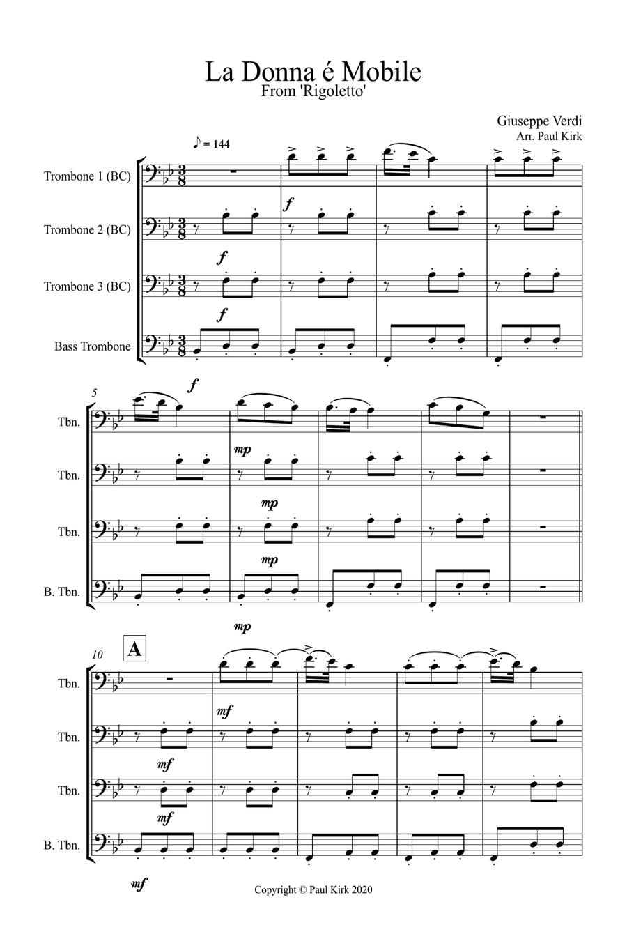 La Donna è Mobile - Trombone Choir Brass Quartet scores gallery preview page 1