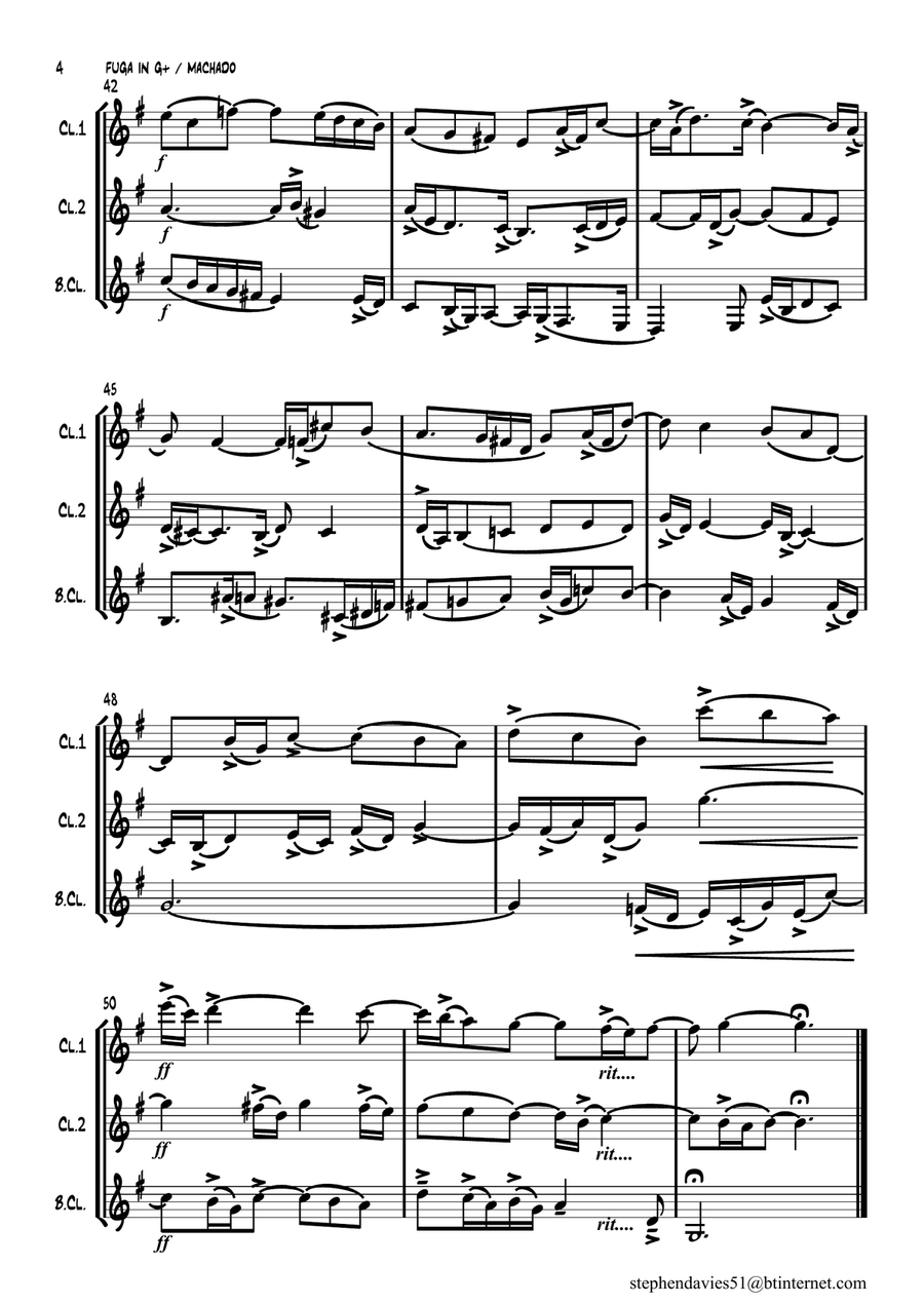 'Fuga in G Major' by Augusto de Oliviera Machado for Clarinet Trio. Clarinet Trio scores gallery preview page 4