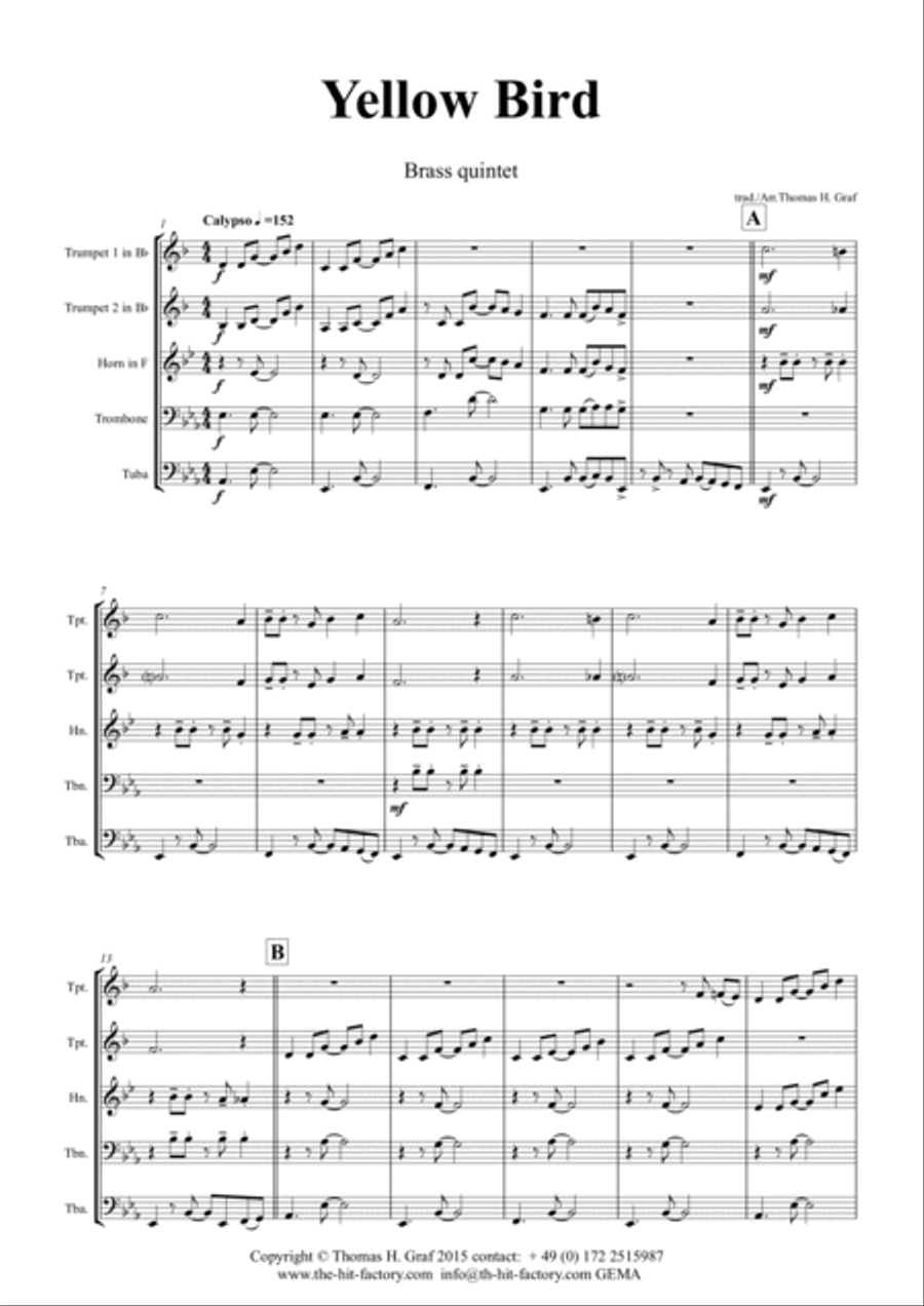 Yellow Bird - Haitian Folk Song - Calypso - Brass Quintet Brass Quintet scores gallery preview page 2
