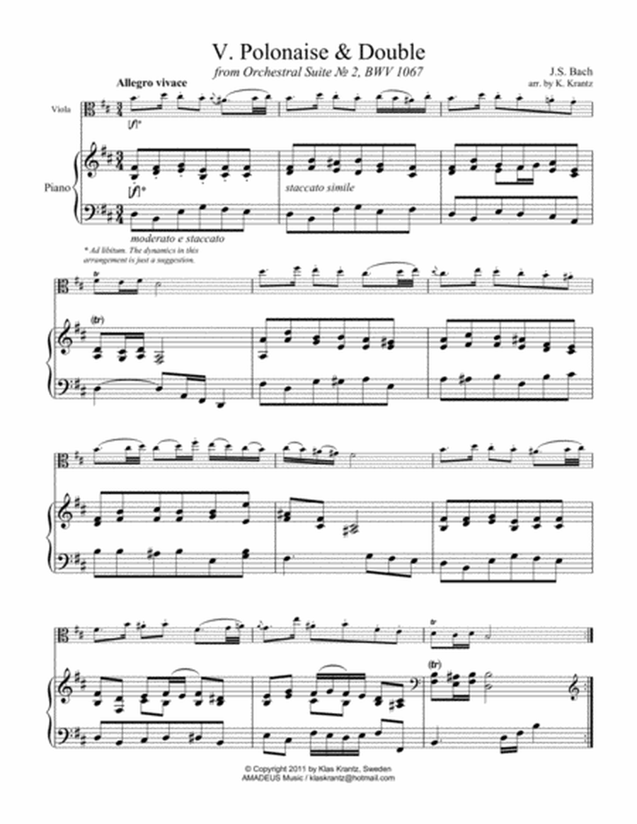 Polonaise, Menuet and Badinerie from Suite No. 2 BWV 1067 for viola and piano image number null