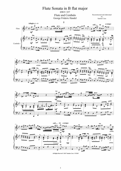 Handel - Flute Sonata in B flat HWV 357 for Flute and Cembalo or Piano image number null