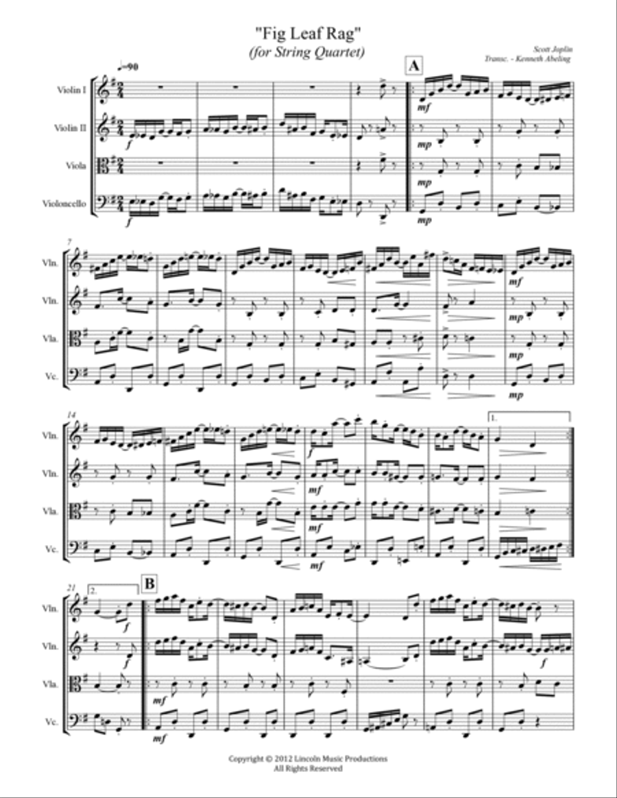 Joplin - “Fig Leaf Rag” (for String Quartet) String Quartet scores gallery preview page 2