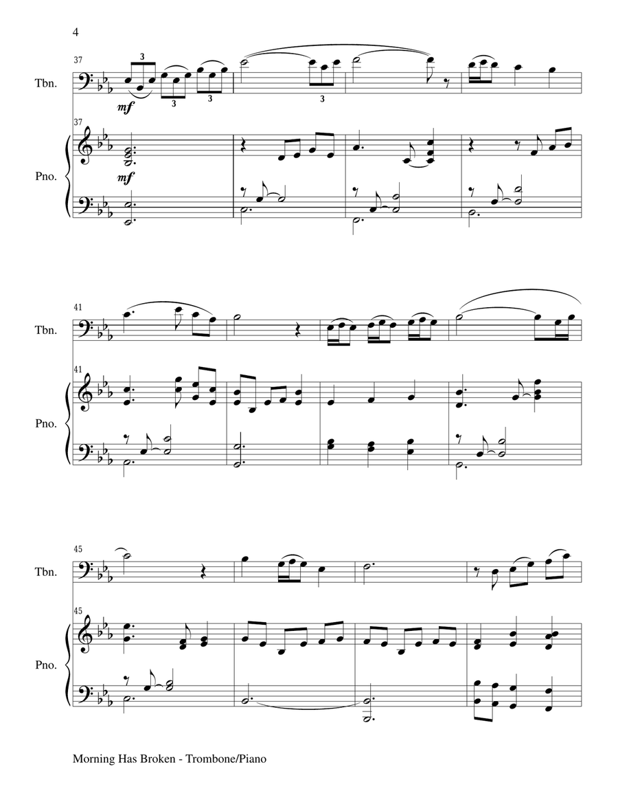 MORNING HAS BROKEN (Trombone/Piano and Trombone Part) Piano scores gallery preview page 4