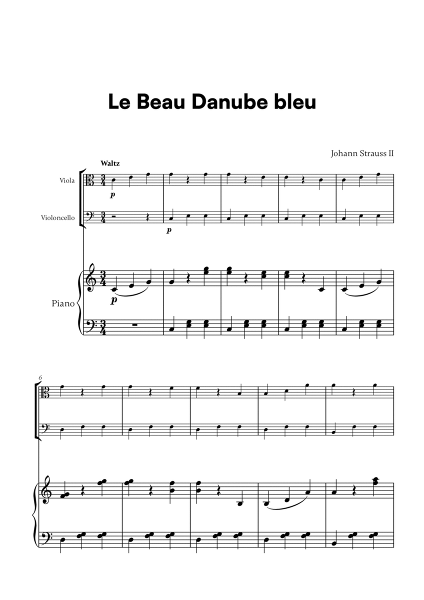 Johann Strauss II - Le Beau Danube bleu for Viola, Cello and Piano image number null