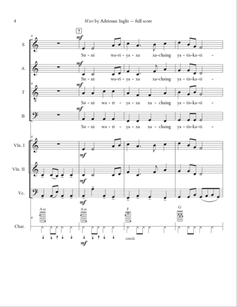 Wari (Vicuña) for SATB + string quartet with optional charango 4-Part scores gallery preview page 4