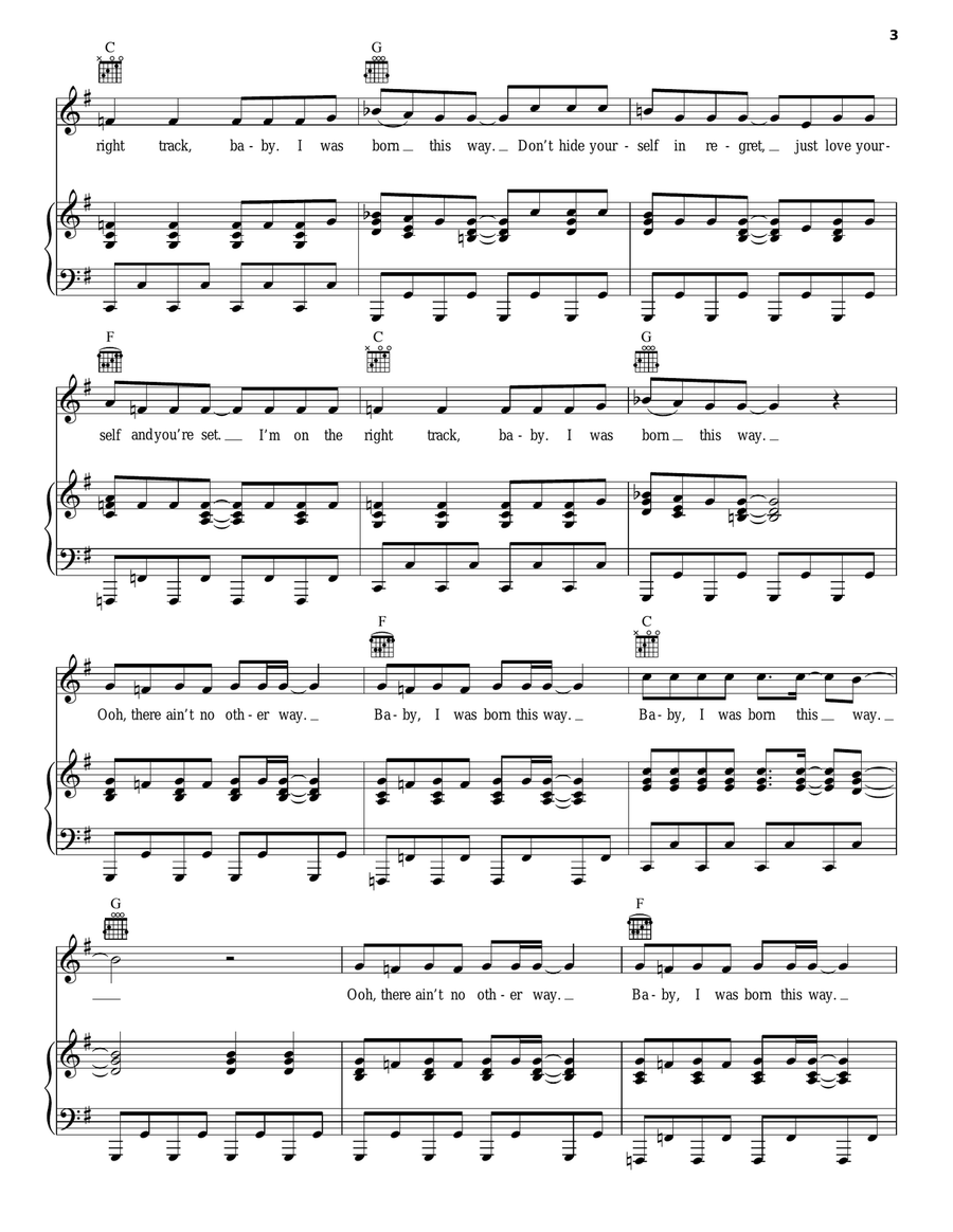 Born This Way Piano, Vocal, Guitar scores gallery preview page 3