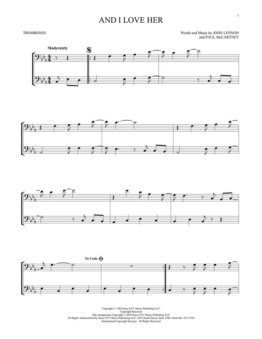 And I Love Her Trombone Duet scores gallery preview page 1