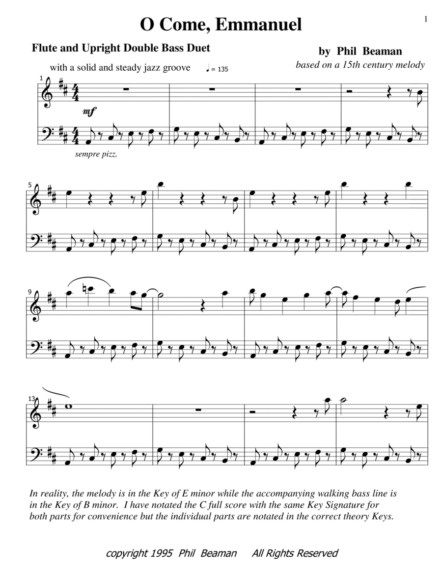 O Come, Emmanuel - jazz flute and upright double bass Flute scores gallery preview page 1