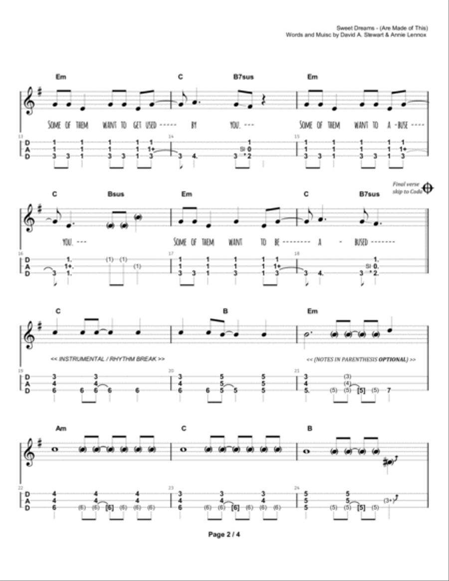 Sweet Dreams (are Made Of This) Dulcimer scores gallery preview page 3