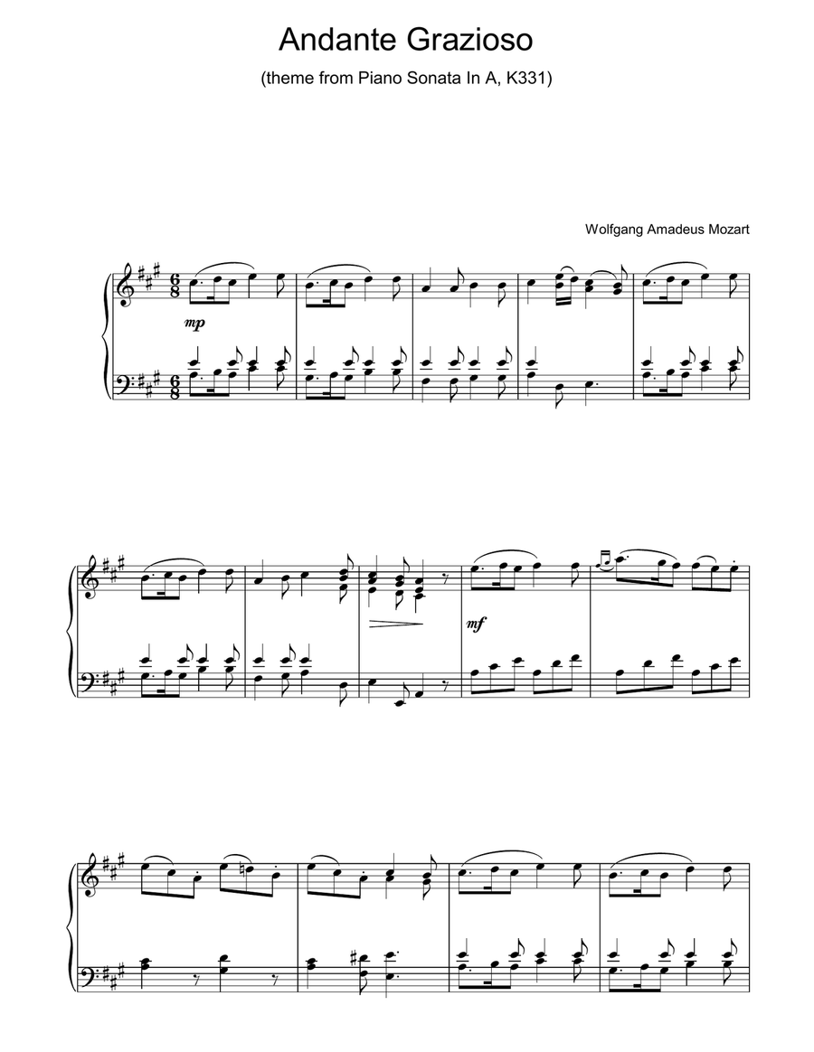 Andante Grazioso (theme from Piano Sonata In A, K331) Easy Piano scores gallery preview page 1
