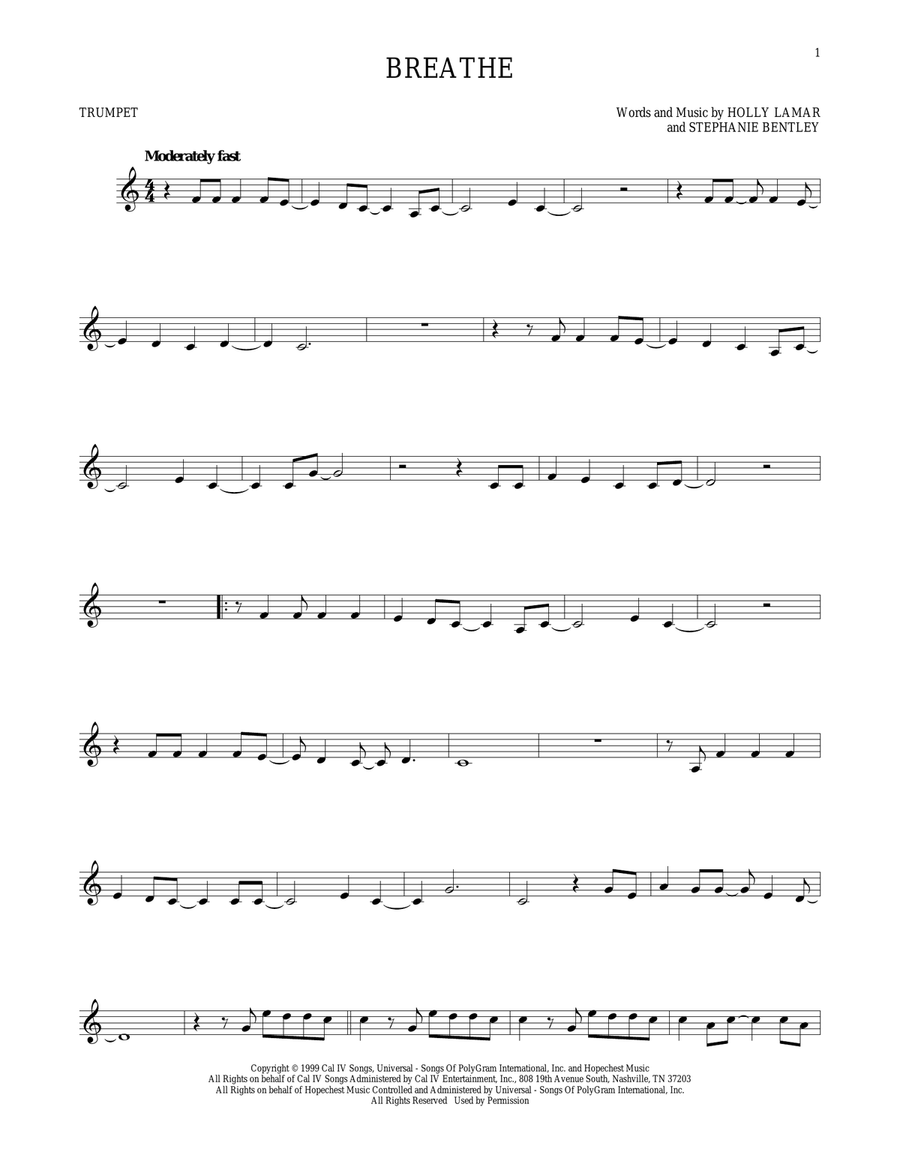 Breathe Breathe Trumpet Solo scores gallery preview page 1