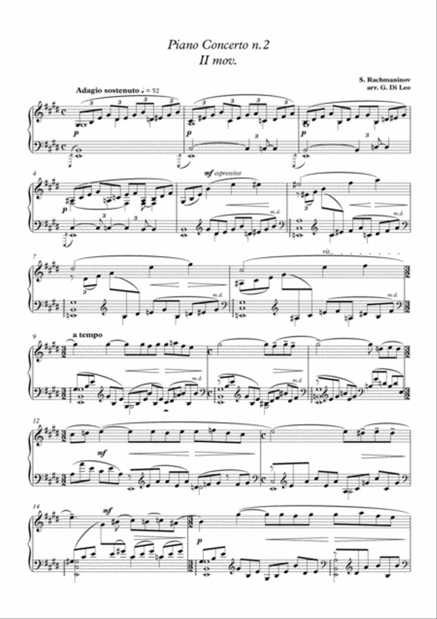 S. Rachmaninov - Piano Concerto n.2 in c minor - 2nd movement - Transcription for piano solo Piano Solo scores gallery preview page 1