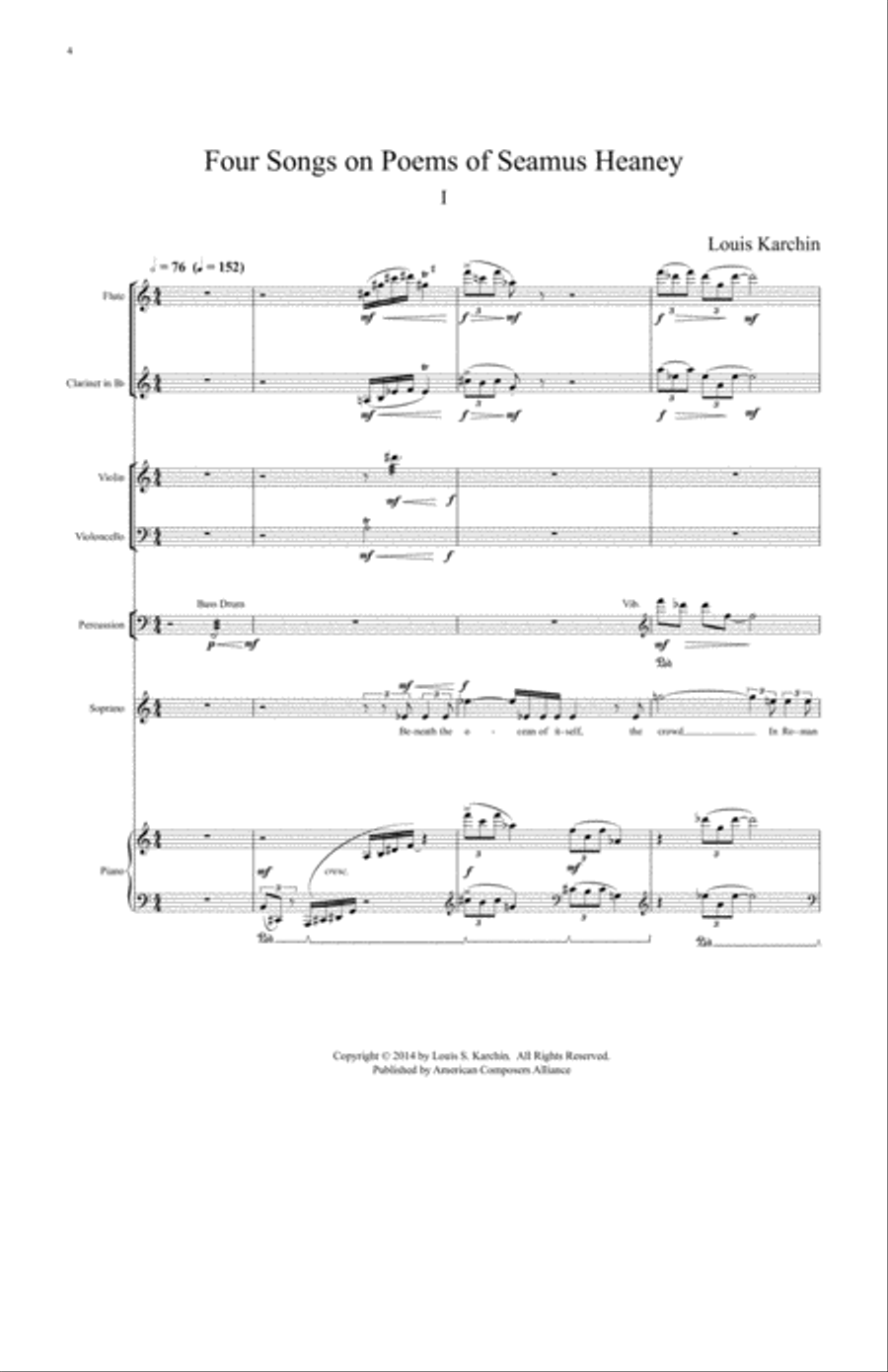 [Karchin] Four Songs on Poems of Seamus Heaney (Chamber) Large Ensemble scores gallery preview page 6