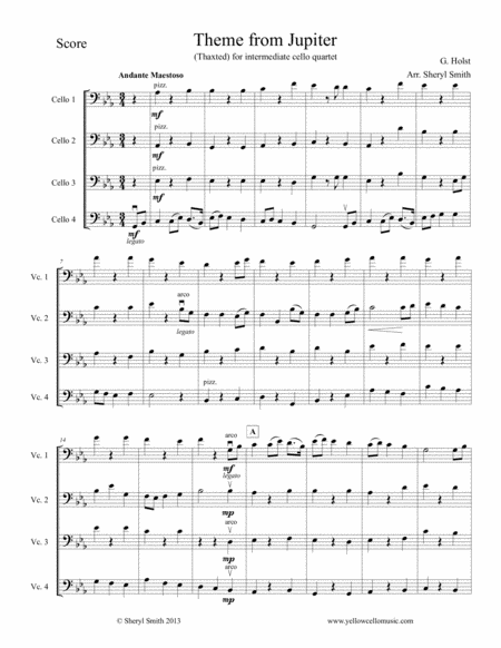 Theme from Jupiter (Thaxted), arranged for four intermediate cellos (cello quartet)