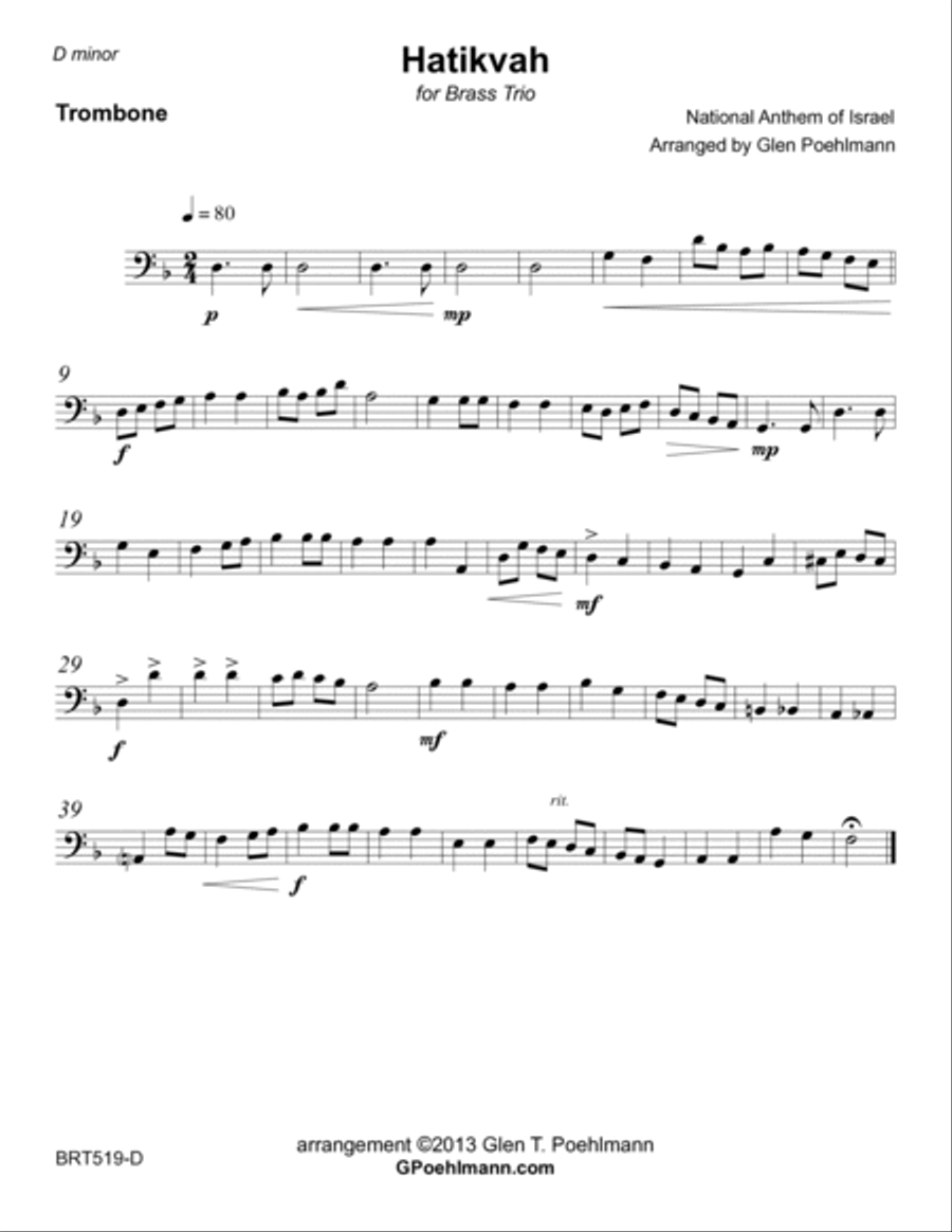 HATIKVAH (National Anthem of Israel) - BRASS TRIO (unaccompanied) Brass Trio scores gallery preview page 5