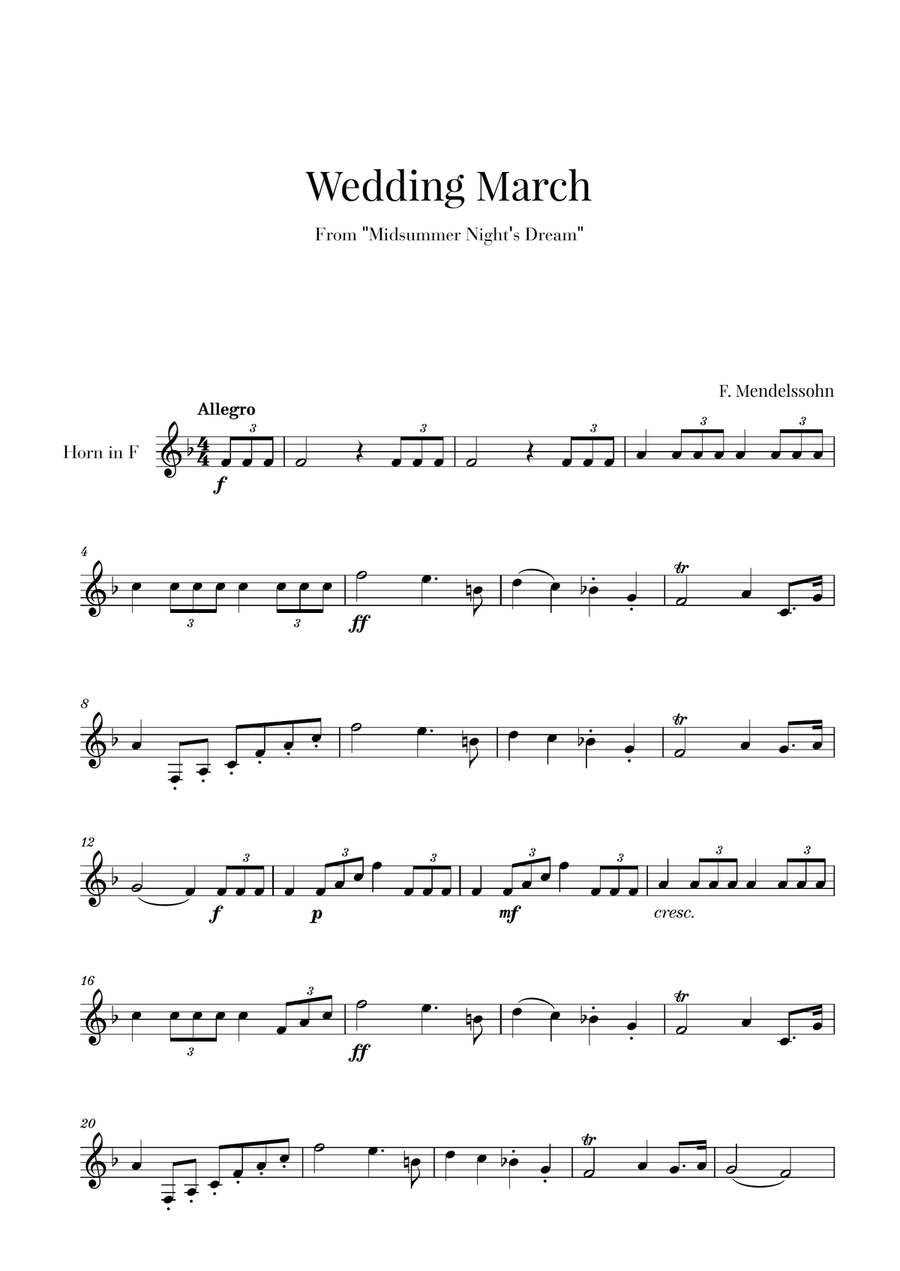 Wedding March (Bridal Chorus - Here comes the Bride) for French Horn Solo Horn Solo scores gallery preview page 1